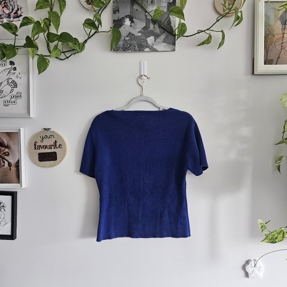 Vintage Petite Sophisticate Blue Short Sleeve Cable Knit Top - Picture 7 of 7